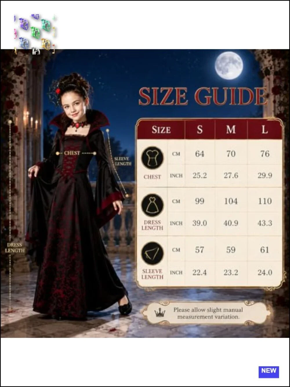 Girls Vampire Princess Dress Costume Halloween with Accessories Ages 3-12